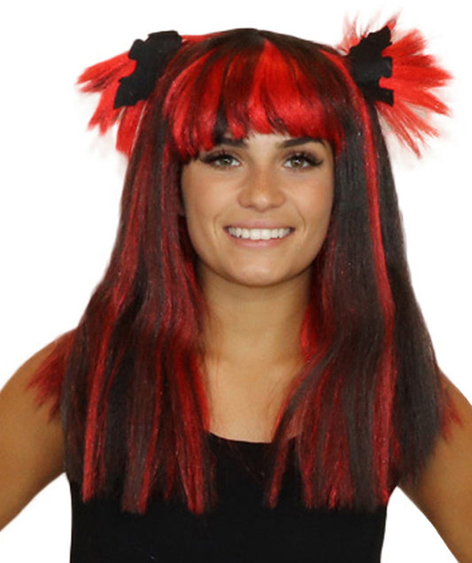 バットブラック&レッドウィッグ H-3607 ミディアムボブコスプレハロウィンウィッグ プレミアム 通気性の良い キャップレスキャップ