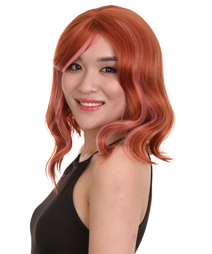 女性用ショルダーレングス 熱耐性ウェービーボブウィッグ レディッシュオレンジ H-5197 コスプレウィッグ プレミアム通気性キャップレスキャップ