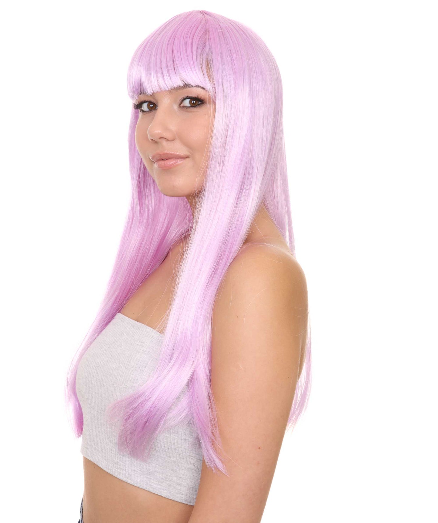 ロングボブライトパープル女性用ウィッグ H-3342 華やかなパーティーイベント準備完了のハロウィンウィッグ プレミアム通気性のあるキャップレスキャップ