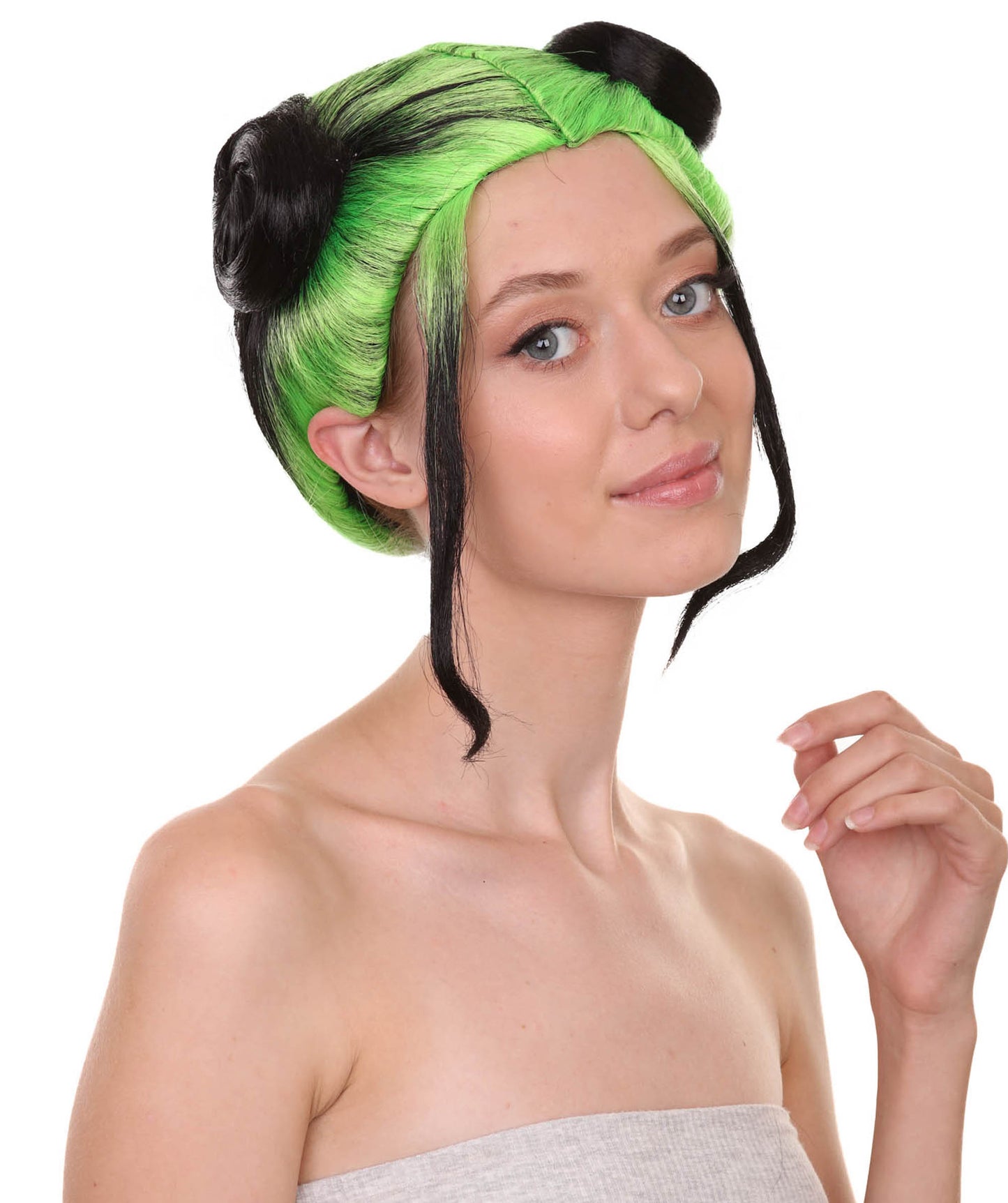 Wigs2you H-5476 Billie Eilish Adult Green Double Bun Wig | Cosplay Costume Prop, Fun Event, Party, Recital Decoration, Bow Accessory, Stylish and Cute Gift for Men, Women, and Kids, Green and Black Sad-Pop Space Bun