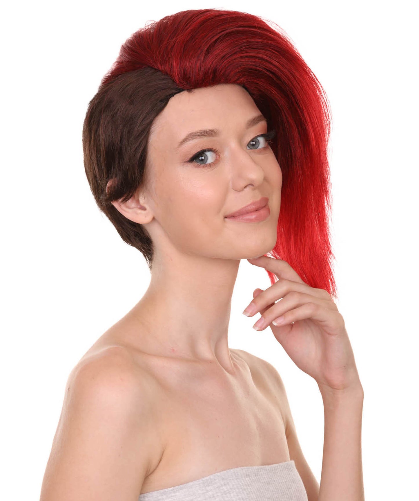 プレミアムハロウィンパーティーレディ H-5467 ミディアムレングス レッドブラックバレリーパンクウィッグ 赤と黒