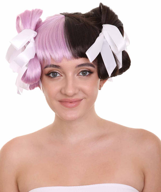 コスプレウィッグ Melanie Mad Hatter ボウスタイル H-3593 マルチカラーセレブリティウィッグ リボン付き プレミアム 通気性の良い キャップレスキャップ