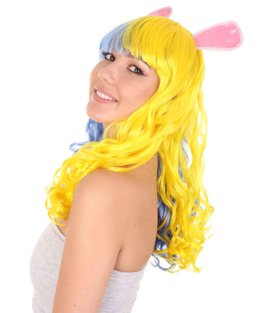 Wigs2you ハロウィンパーティープレミアムレディース H-1780 華やかに見えるイースターバニー ブルー＆イエローのロングウェーブパーティーウィッグ