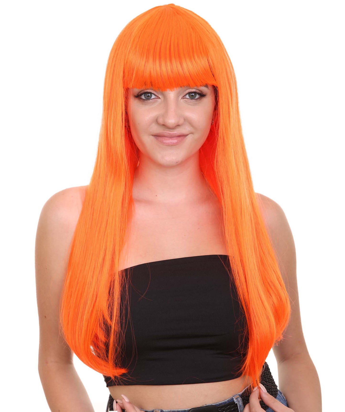 ロングボブネオンオレンジ女性用ウィッグ H-3363 華やかなパーティーイベント準備完了のハロウィンウィッグ プレミアム通気性のあるキャップレスキャップ