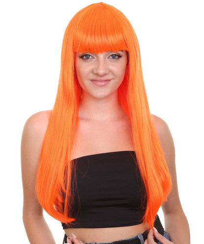 ロングボブネオンオレンジ女性用ウィッグ H-3363 華やかなパーティーイベント準備完了のハロウィンウィッグ プレミアム通気性のあるキャップレスキャップ