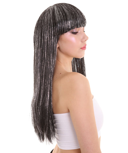 ハロウィンパーティ プレミアムレディース H-5208 ロングベビーブラックウィッグ ティンセルハイライト付き