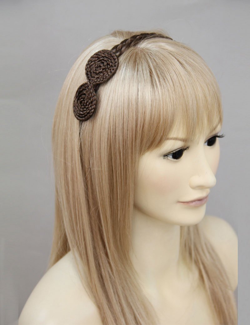 女性 W-8224B のおしゃれなアッシュブラウン 可愛いコンビネーション三つ編みヘッドバンド リボンヘアアクセサリー 合成繊維