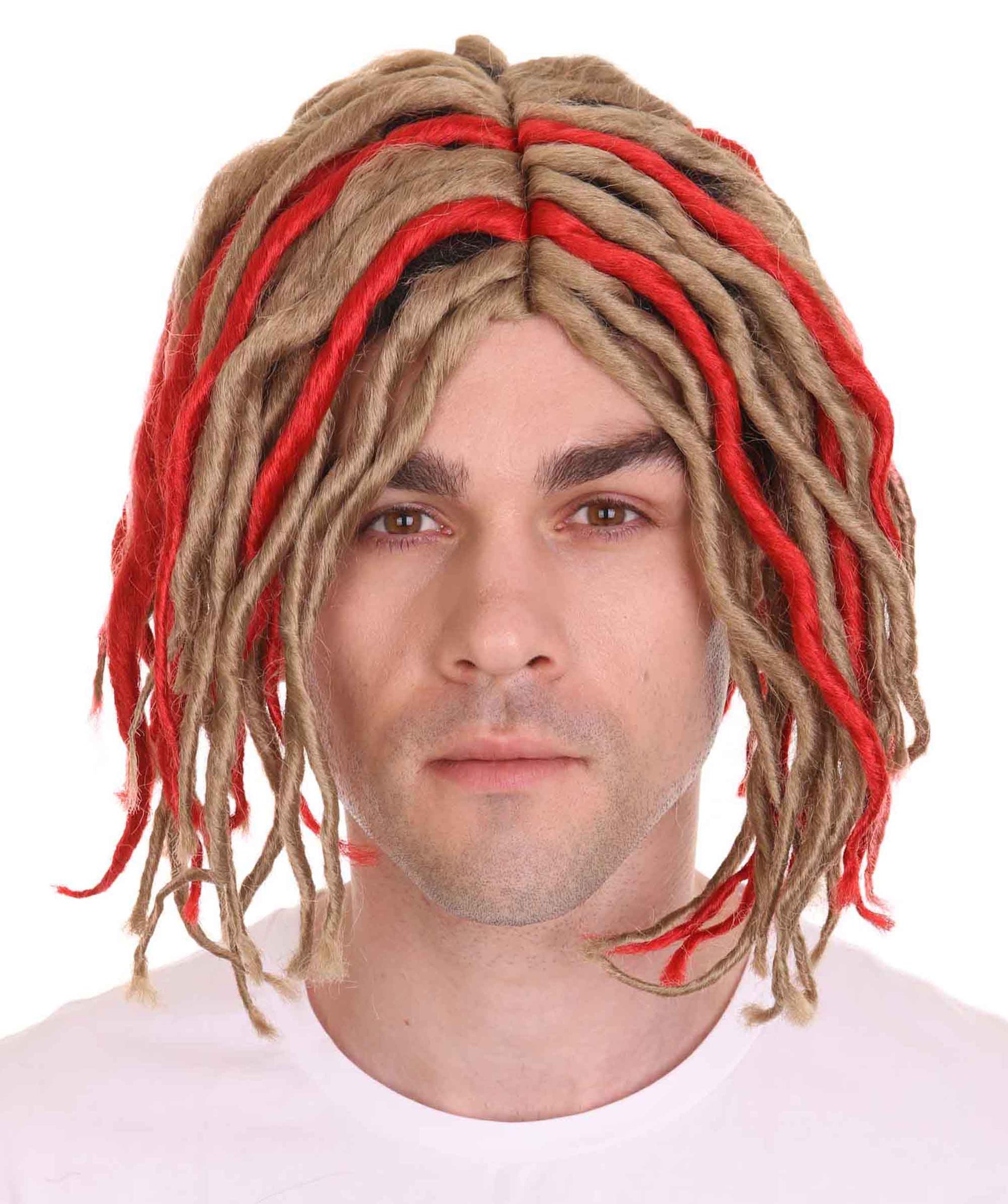 男性用アメリカンラッパー H-4771 Lil Pump ショートドレッドロック レッドブロンドウィッグ プレミアム通気性キャップレスキャップ