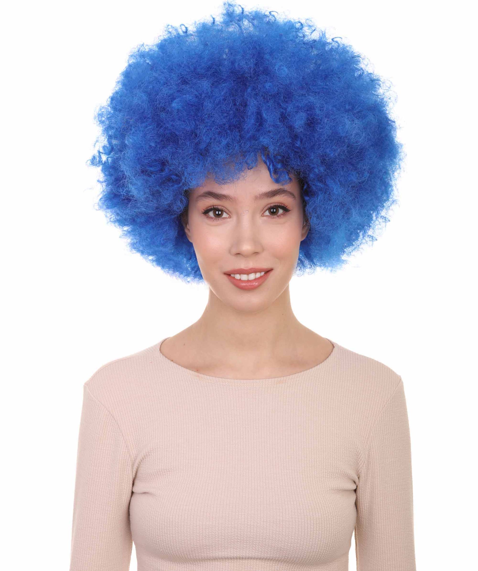 ユニセックス ブルー アフロ ピエロ ウィッグ  ジャンボ カーリー コスプレ ハロウィン ウィッグ プレミアム通気性キャップレスキャップ  H-557
