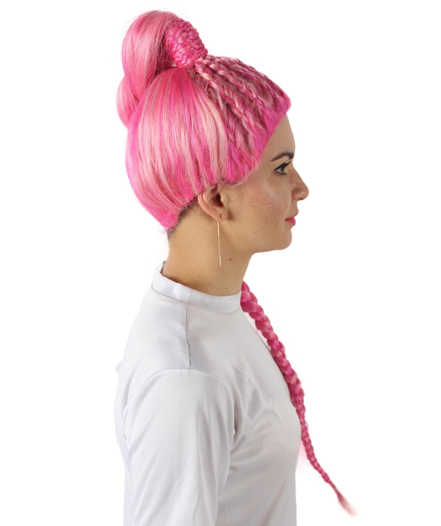 ハロウィンパーティプレミアムレディース H-5745 ドラッグレーステレビ番組ピンク編み込みポニーテールウィッグ