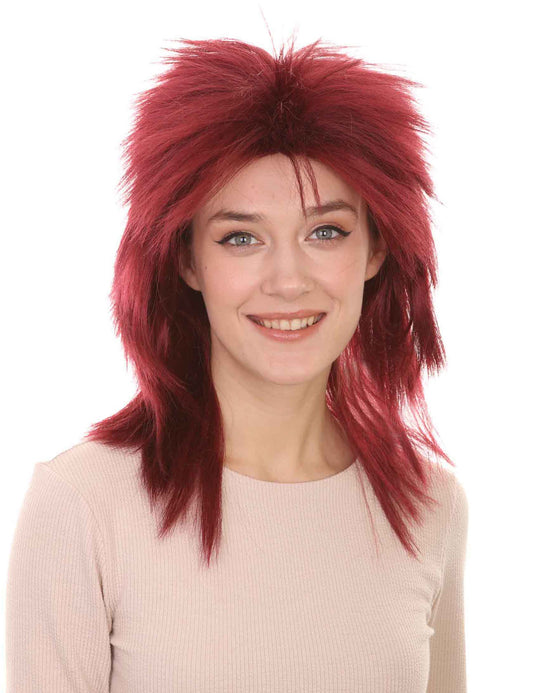 Wigs2you ハロウィン パーティー プレミアム H-1306 簡単に着用でき 快適なフィット感 80 年代女性バーガンディ ロッカー スタイルウィッグ