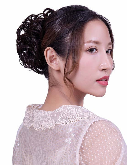 女性 W-8425 の可愛いシニョンフラフィーカーリーフラワールックバンズヘアスタイル チャコールゴールデンオーバン混合 合成繊維