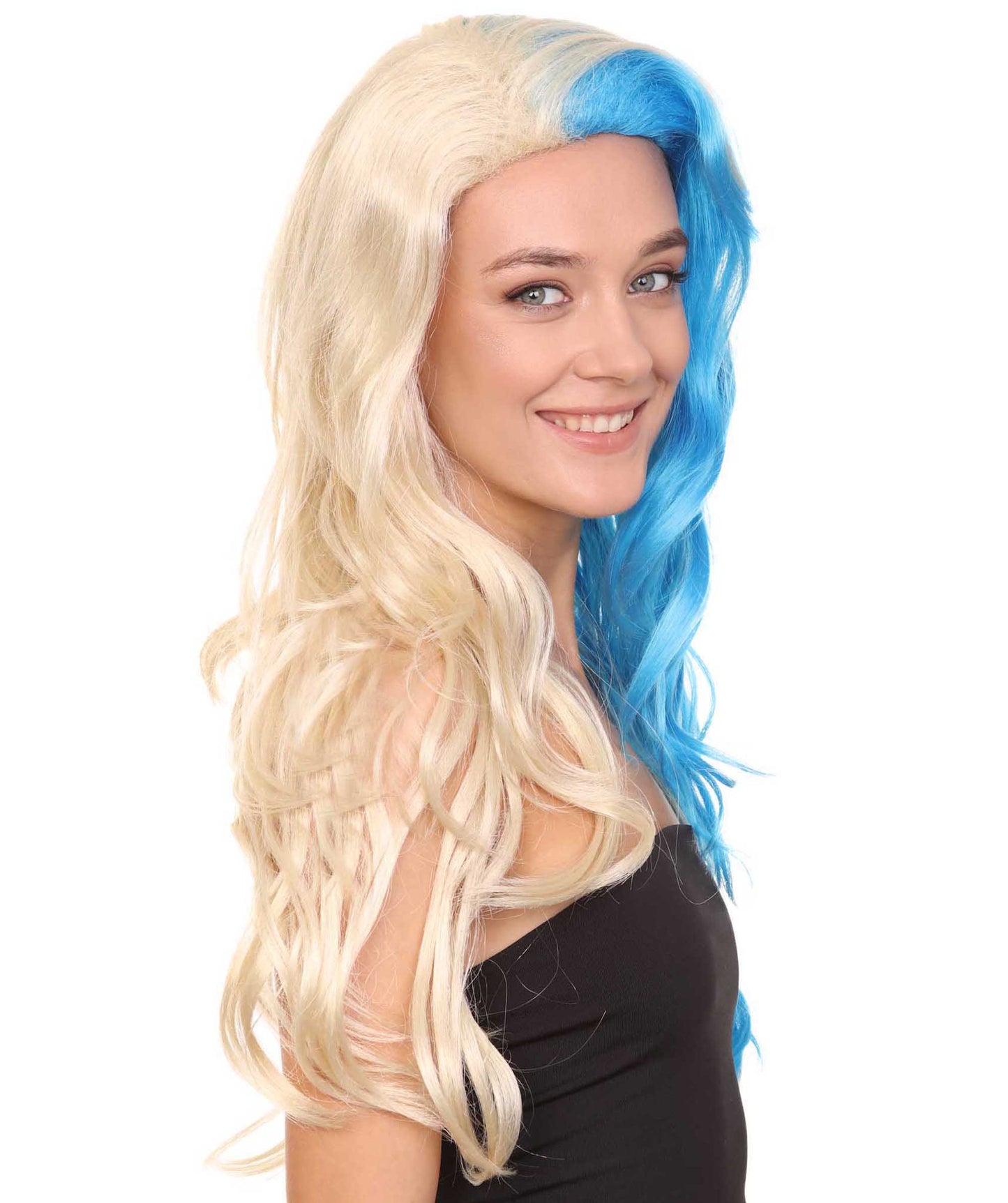 ハーフブロンド&ハーフブルーウィッグ H-3601 ファンシーパーティーイベント用ハロウィンウィッグ プレミアム 通気性の良い キャップレスキャップ