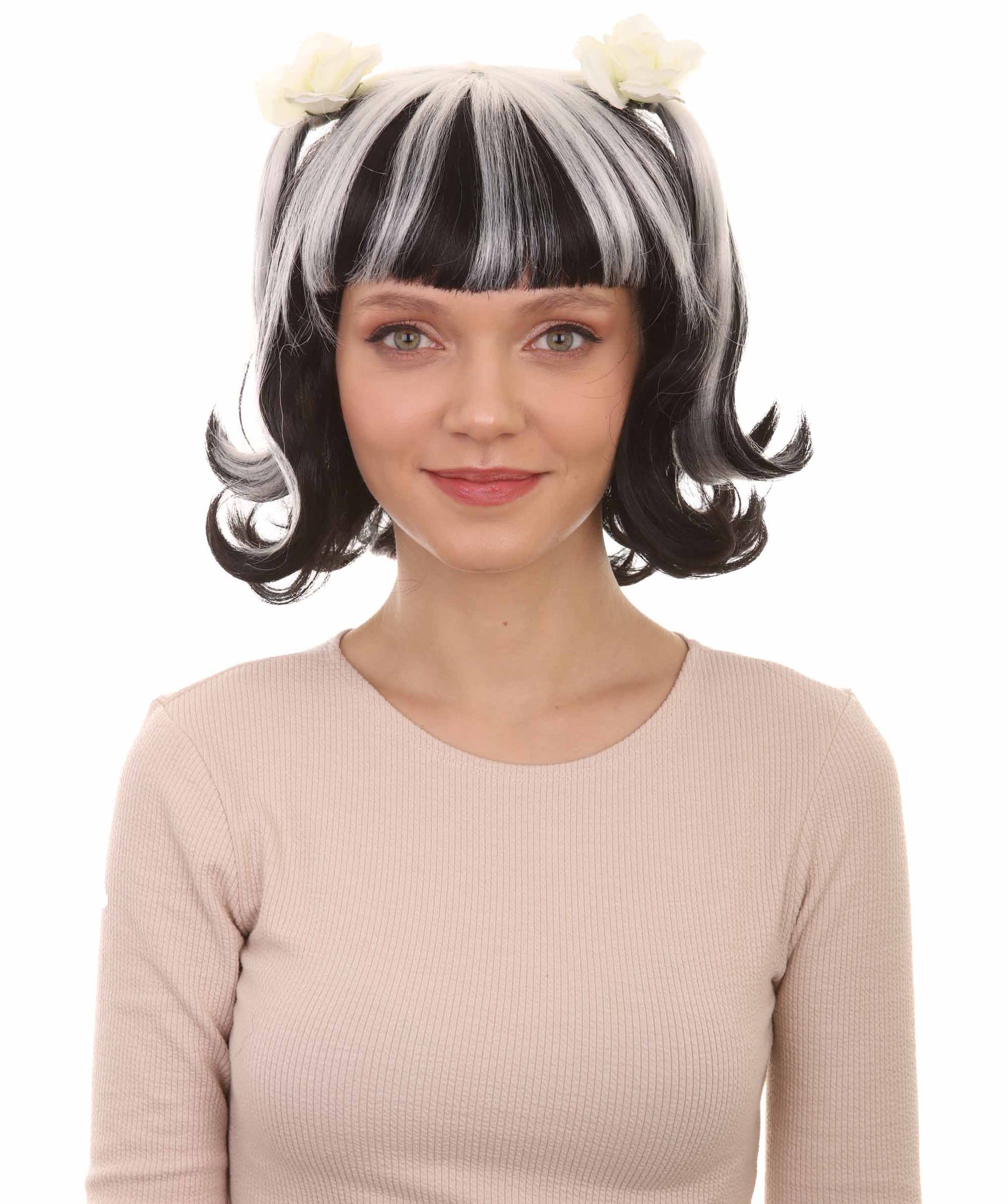 女性用ゴシックピグテイルゴーストウィッチブライドゾンビウィッグローズ付きツートーンマルチカラーウィッグ H-4637 プレミアム通気性キャップレスキャップ