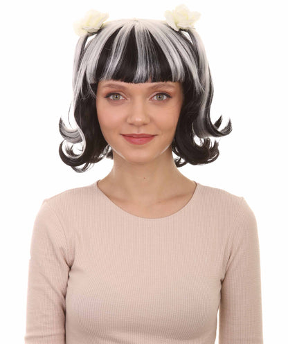 女性用ゴシックピグテイルゴーストウィッチブライドゾンビウィッグローズ付きツートーンマルチカラーウィッグ H-4637 プレミアム通気性キャップレスキャップ