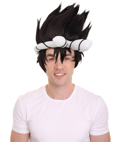 Wigs2you H-6919 黒のスパイキーウィッグと白の結び目付きヘッドバンド｜ハロウィンに最適｜プレミアムな通気性のあるキャップレスキャップ