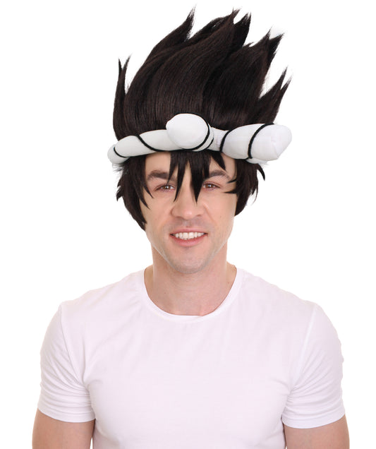 Wigs2you H-6919 黒のスパイキーウィッグと白の結び目付きヘッドバンド｜ハロウィンに最適｜プレミアムな通気性のあるキャップレスキャップ