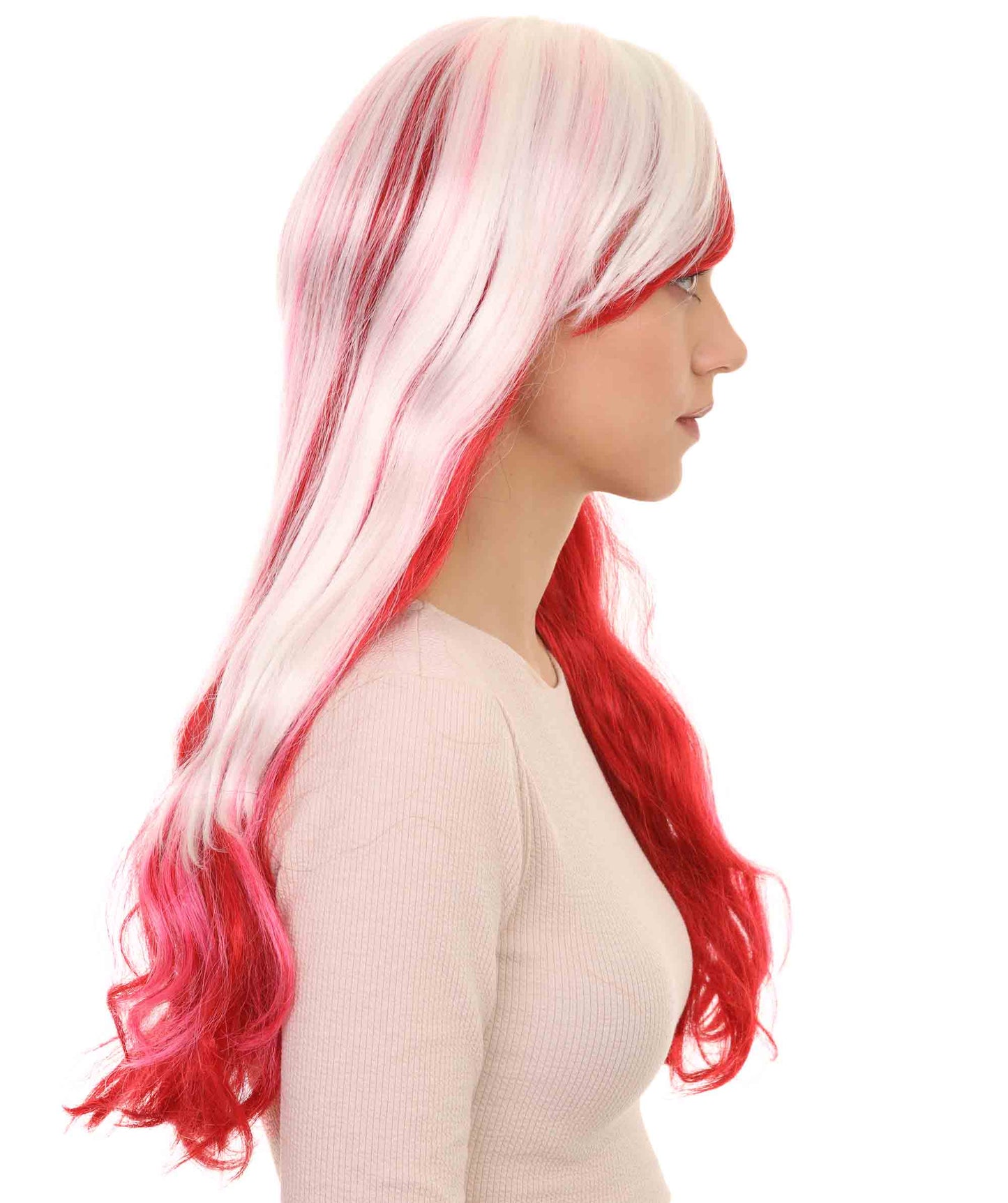 ウィメンズ ファッション レディ コスプレ ロング カーリーウェービー ホワイト＆レッド ウィッグ H-4764 ホワイト＆レッド パーティーウィッグ プレミアム通気性の良いキャップレスキャップ