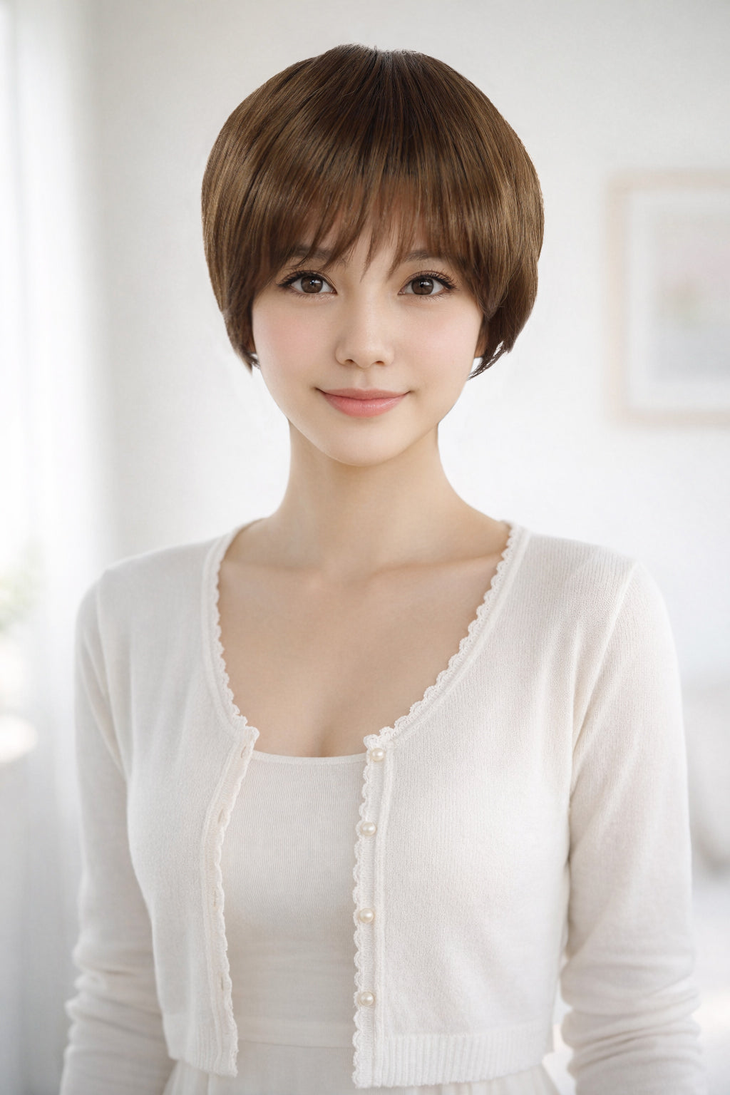 Wigs2you W-1016のショートヘアスタイルは、ボーイッシュにもナチュラルにも簡単にスタイリングできます。男女問わずお使いいただけ、細見え効果も期待できます。ウィッグネット付き。