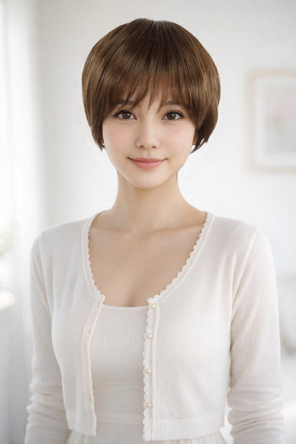 Wigs2you W-1016のショートヘアスタイルは、ボーイッシュにもナチュラルにも簡単にスタイリングできます。男女問わずお使いいただけ、細見え効果も期待できます。ウィッグネット付き。