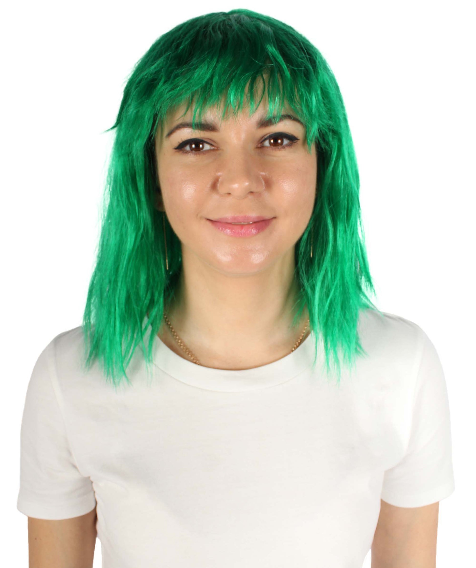 女性用 肩までの長さの前髪つき ウェービーコスプレウィッグ 緑 H-5229_7 ファンシースタイル プレミアムハロウィンパーティーウィッグコレクション