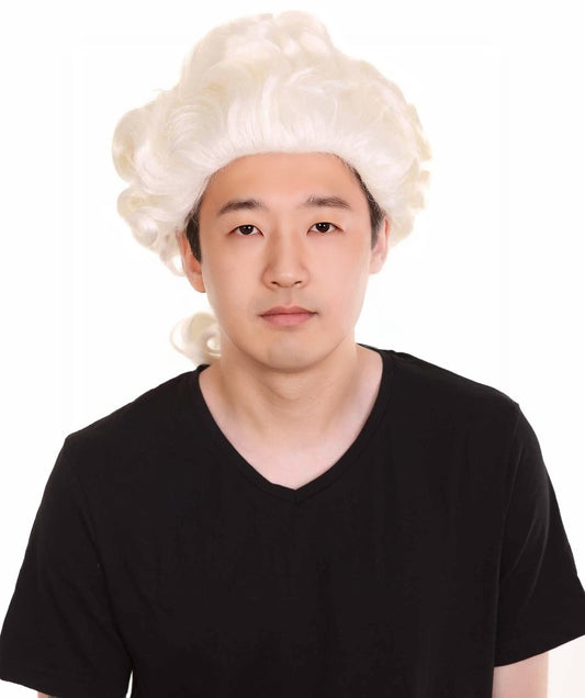 男性用コロニアル歴史的なカーリーウィッグ 白色 H-4275 プレミアム通気性キャップレスキャップ