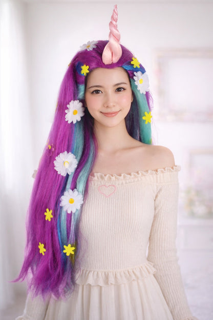 Wigs2you H-6947 大人女性用ロングフェアリーテイルパープルウィッグ（角付き）I ユニコーンコスプレウィッグ I 難燃性合成繊維