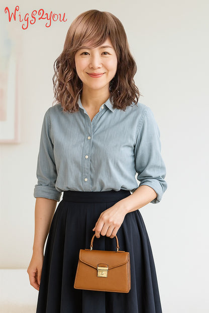 自然で程よいボリュームのなみなみカールミディアムウィッグ | どんなスタイルにあわせてもオシャレ度アップ | ウィッグネット付き W-1023