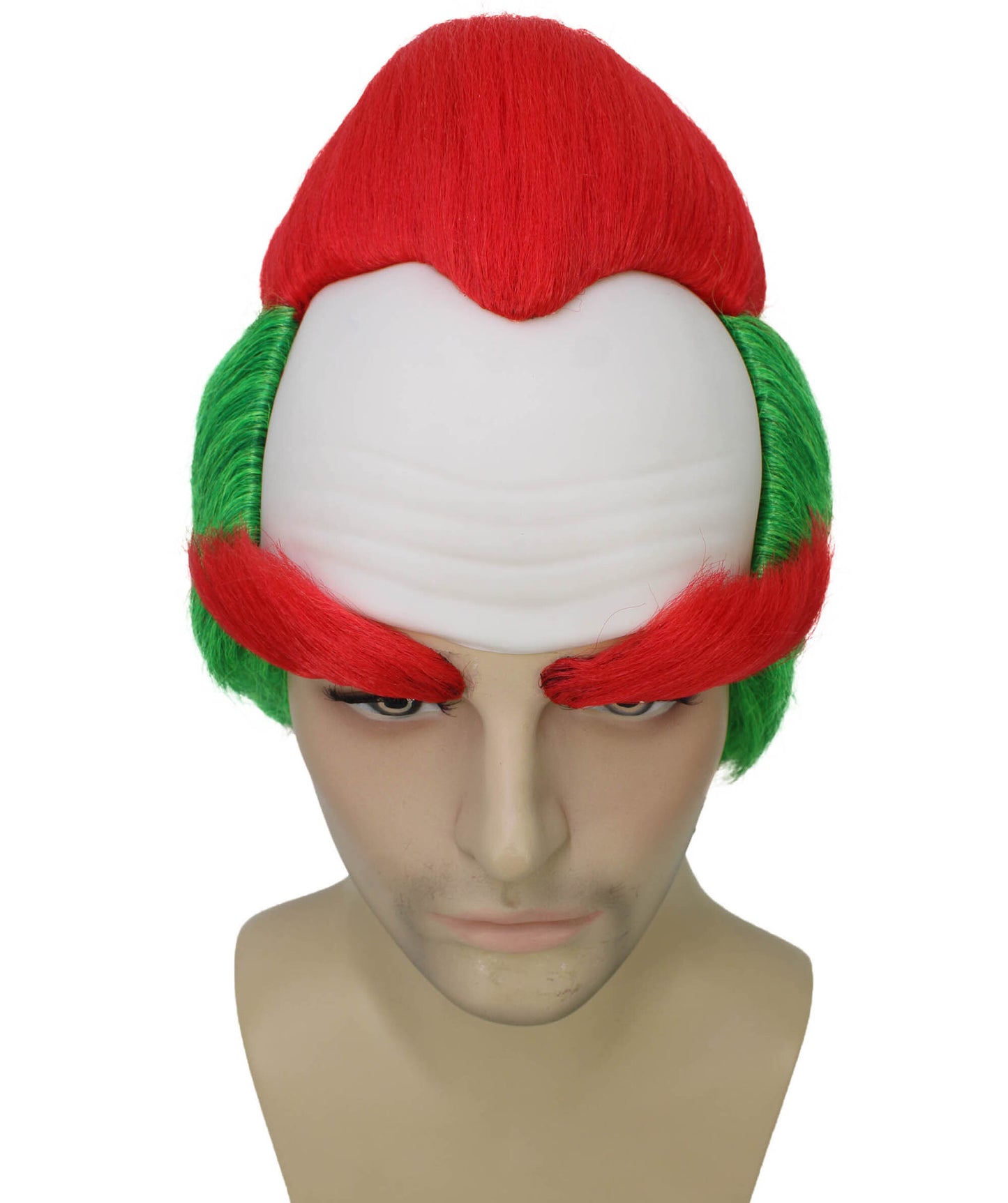 メンズ H-6160 赤と緑のショートコスプレウィッグ 眉毛付き ハロウィンに最適 難燃性合成繊維