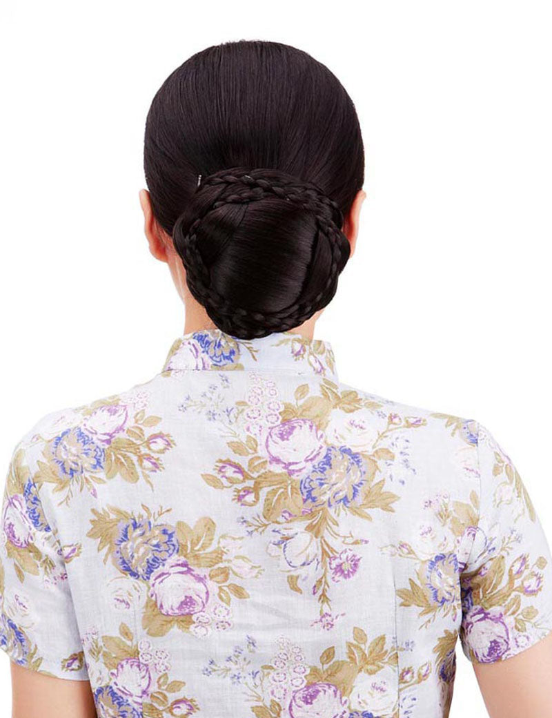 女性 W-8417 の可愛いシニョンバンズヘアスタイル ダーケストブラウン 合成繊維