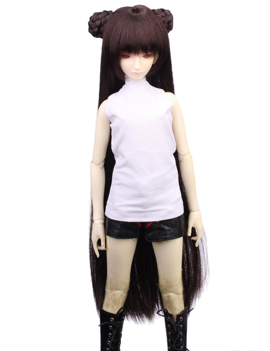 ブレイドバンの上にはプリティなフェアリーロングストレートスタイルの人形のウィッグ W-698 チャコール スムースな髪がスタイルを美しくソフトに