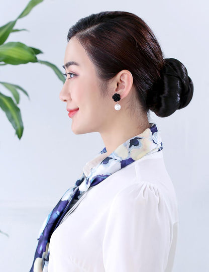 女性 W-8401 のスタイリッシュなバンズヘアスタイル ブラック 合成繊維