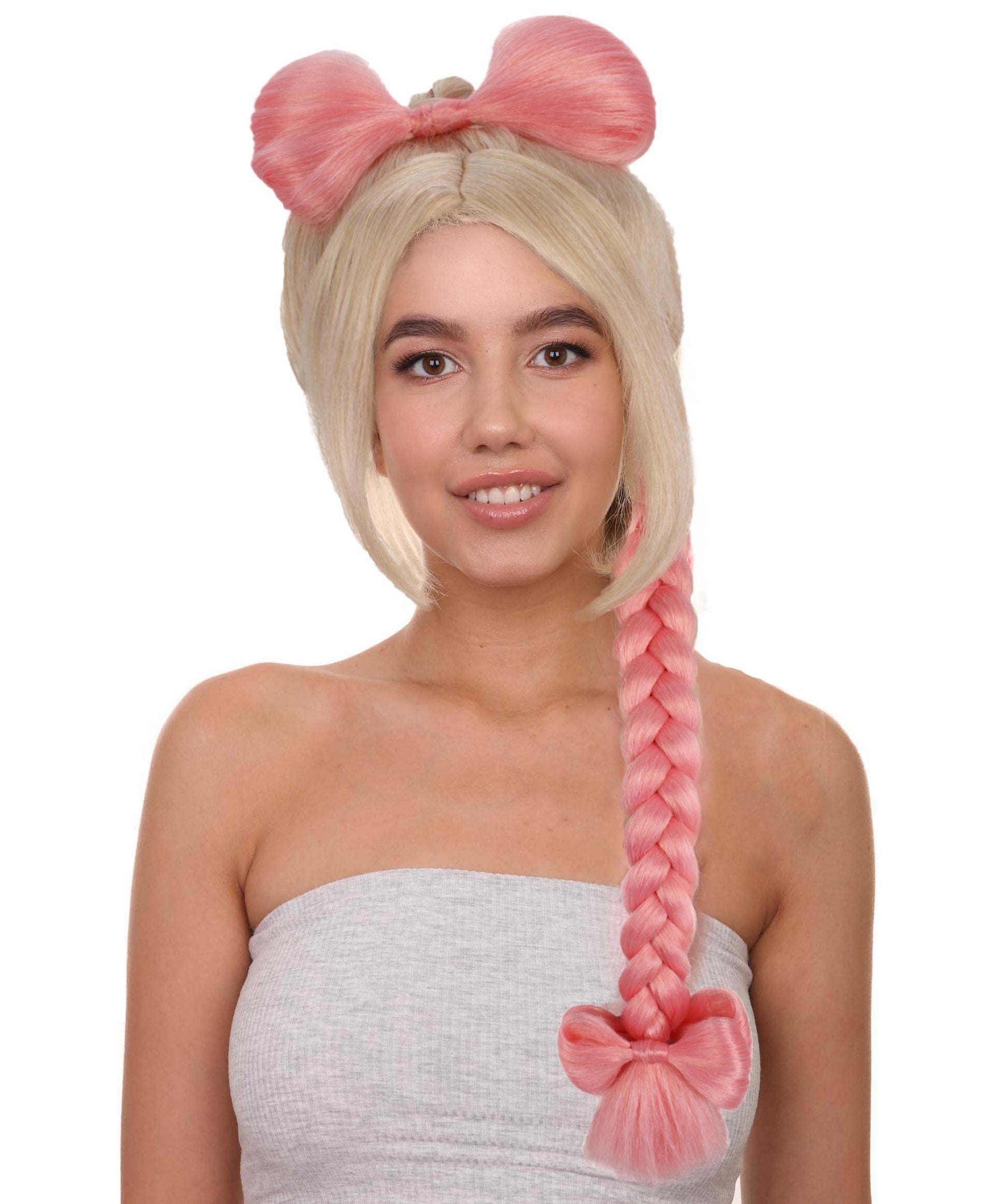 女性用 H-5847 ピンクとブロンド ソミ ブレイデッド ポニーテール ウィッグ ハロウィンに最適 難燃性合成繊維