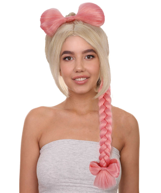 女性用 H-5847 ピンクとブロンド ソミ ブレイデッド ポニーテール ウィッグ ハロウィンに最適 難燃性合成繊維