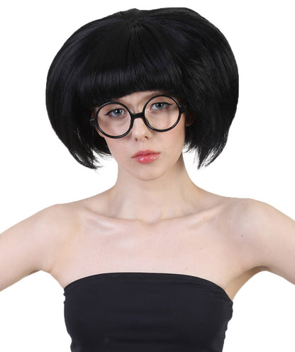 Incredibles 2 ファッションデザイナー Edna Mode グラスセット付き H-3844 ブラック カラーボブ バング&グラス ハロウィンウィッグ 通気性の良い キャップレスキャップ