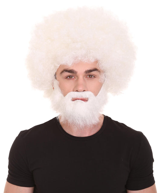 大人 男女兼用 80年代 画家風 アフロウィッグ 顎髭と口髭セット ホワイト H-5128 シンプルでクラシックなセレブコスチューム プレミアムハロウィンウィッグ