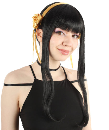 大人向け女性用 H-5806 日本のアニメシリーズ ロング ブラック ストレート ウィッグ ヘッドピース付き ハロウィンに最適 難燃性合成ファイバー