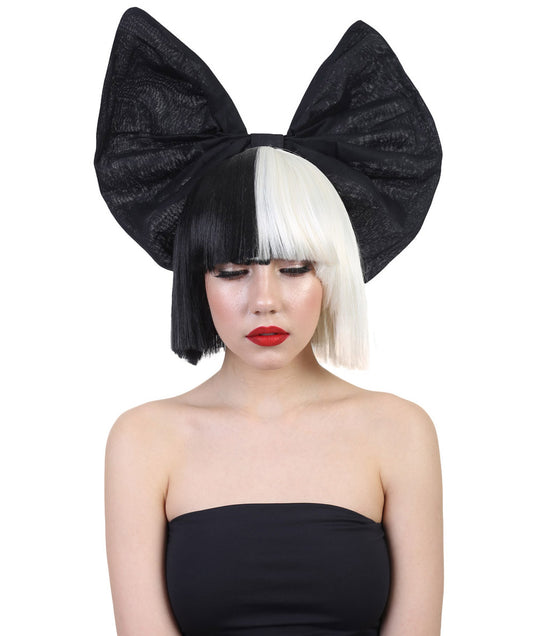Wigs2you ハロウィンパーティープレミアムレディース SIA ブラックとホワイトウィッグ 黒いリボン H-518