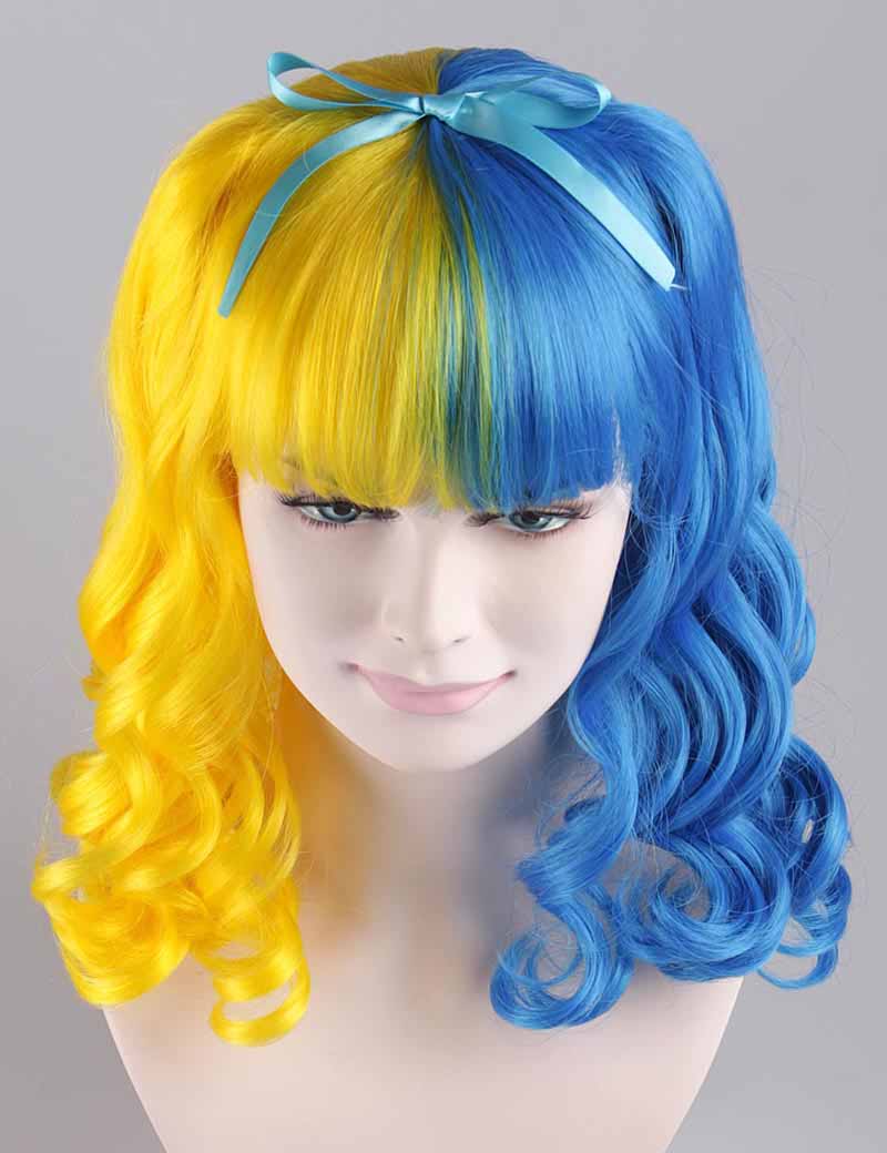 明るい夜かつら 青い黄色の縮れたコスプレ・ハロウィンかつら 割増空気を通すCaplessなキャップH-308