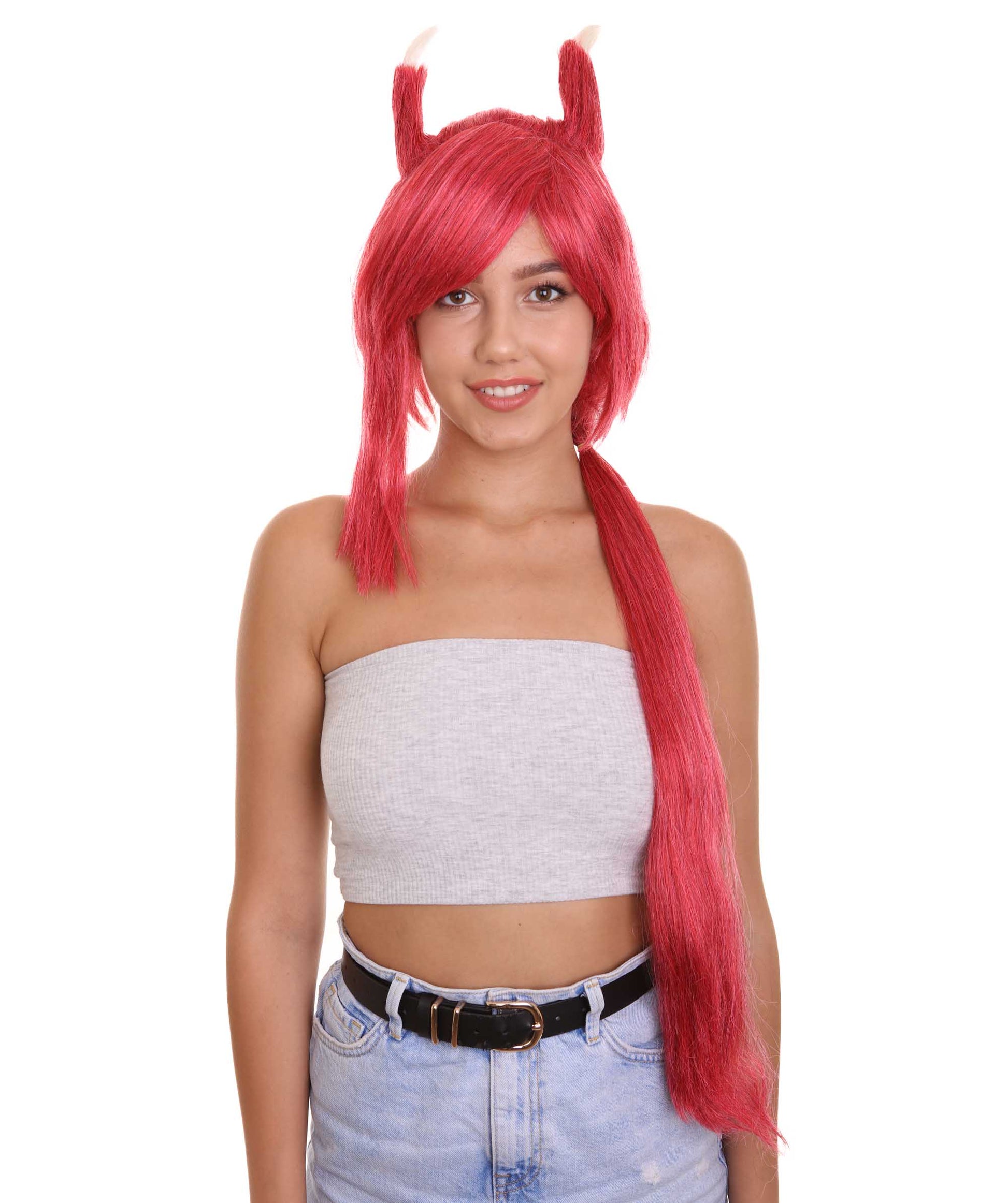 女性用リーグオブレジェンズ ピルトーバーエンフォーサーザヤコスプレウィッグ H-4643 レッドビデオゲームウィッグ プレミアム通気性キャップレスキャップ