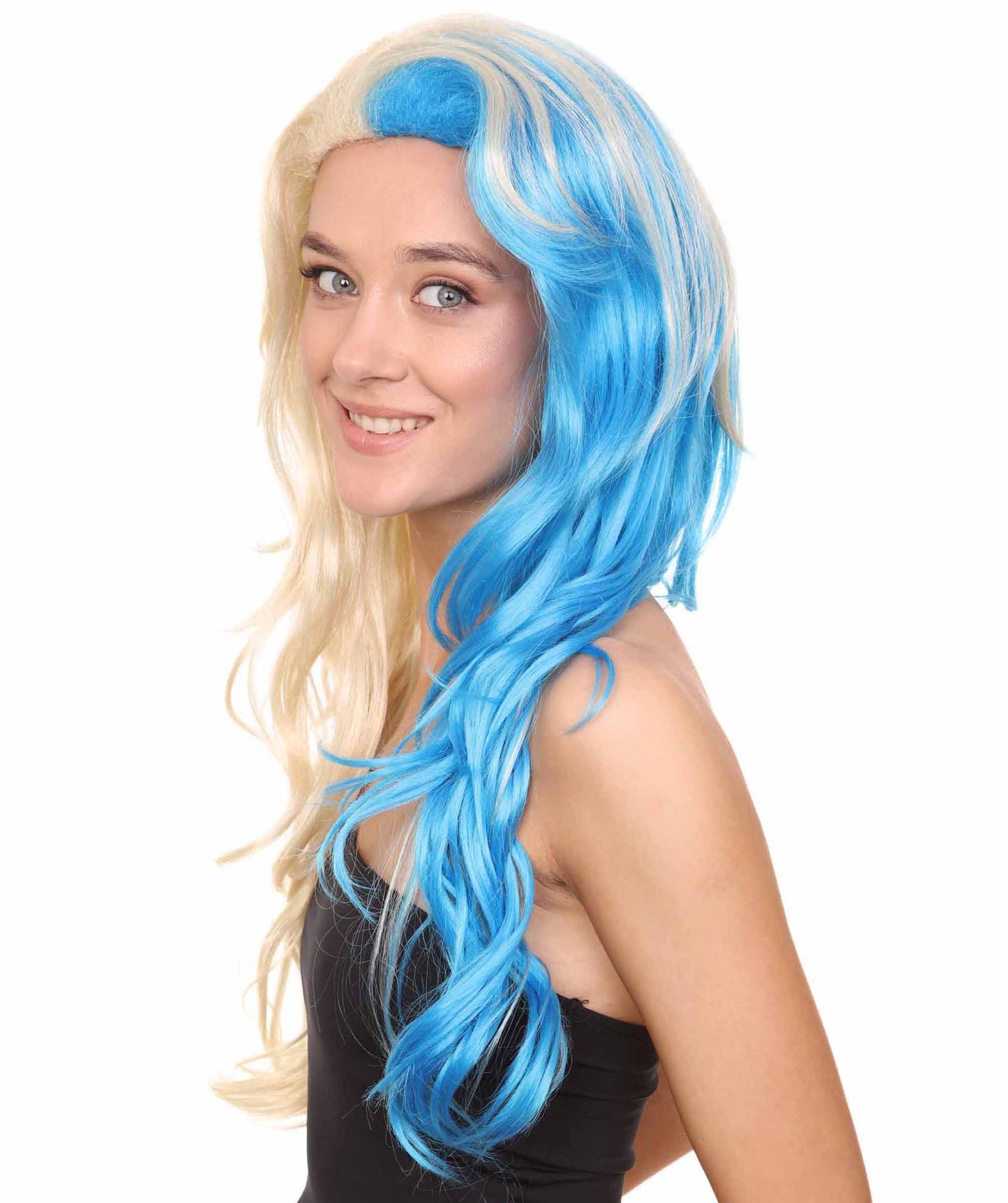 ハーフブロンド&ハーフブルーウィッグ H-3601 ファンシーパーティーイベント用ハロウィンウィッグ プレミアム 通気性の良い キャップレスキャップ