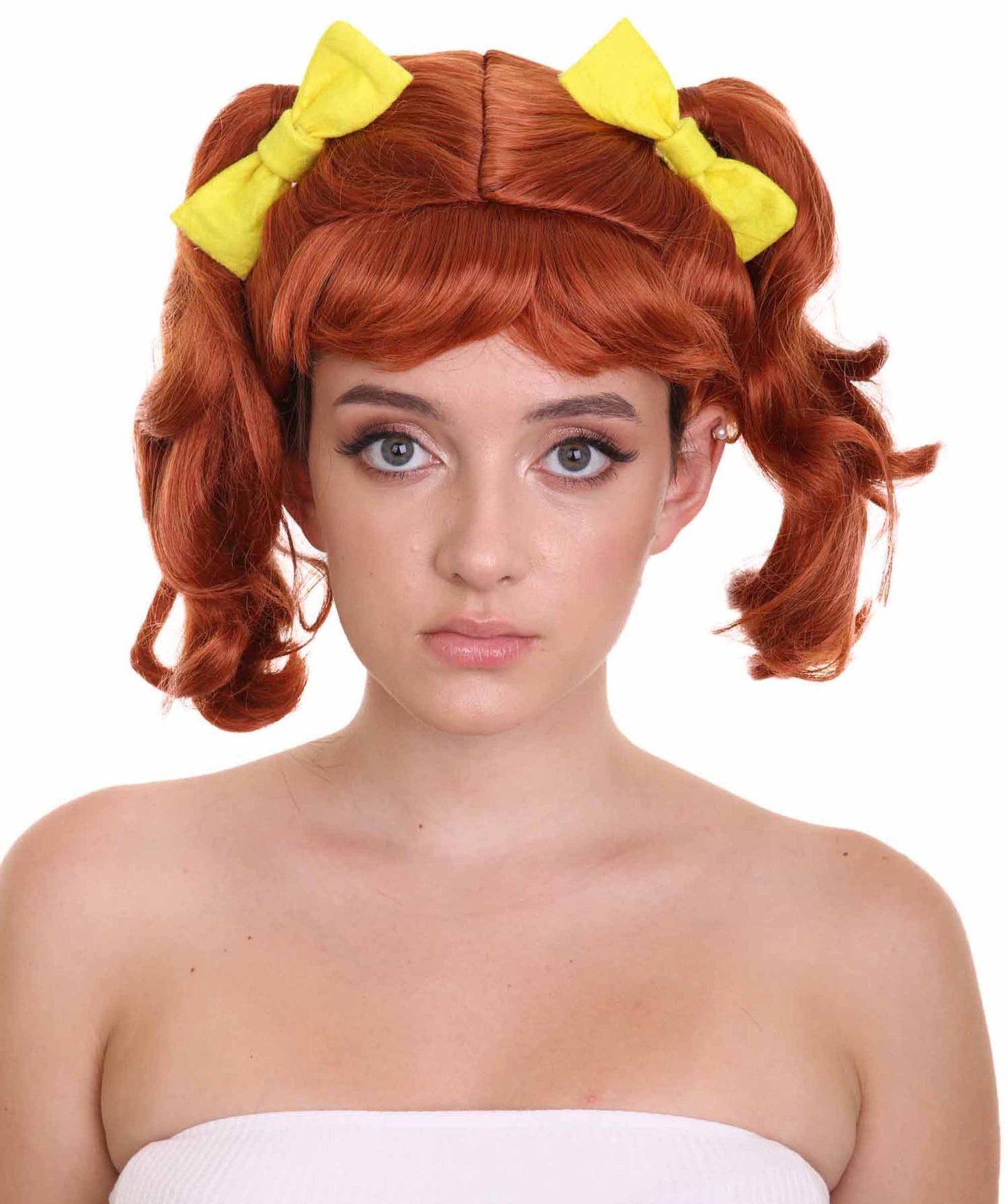 ハロウィンパーティープレミアム H-5246 女性用ショルダーレングスレッドヘッドピグテイルズ・イエローリボンウィッグ レッド