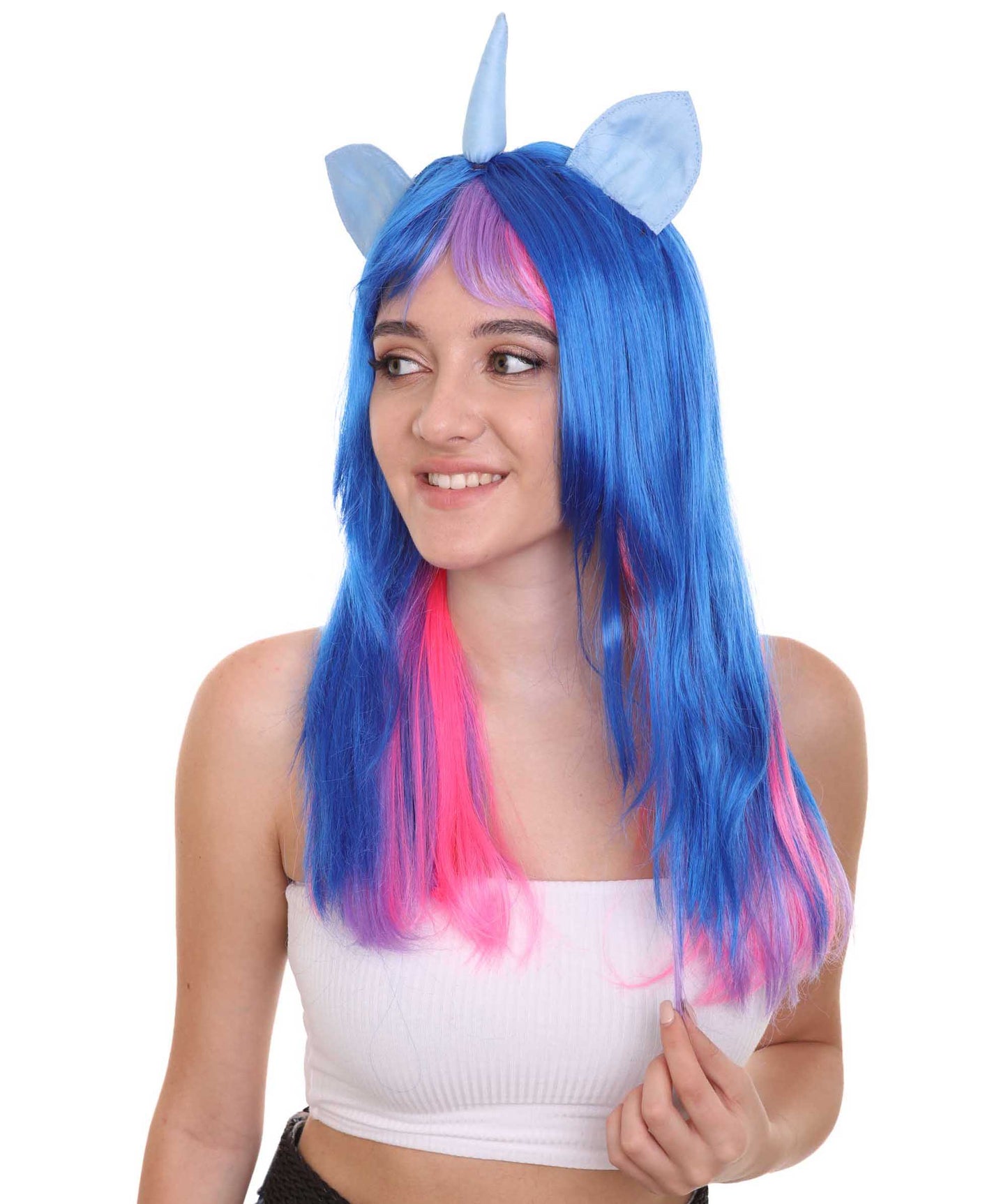 ユニコーンの角と耳の女性用ウィッグ H-3369 華やかなパーティーイベント準備完了のハロウィンウィッグ プレミアム通気性のあるキャップレスキャップ