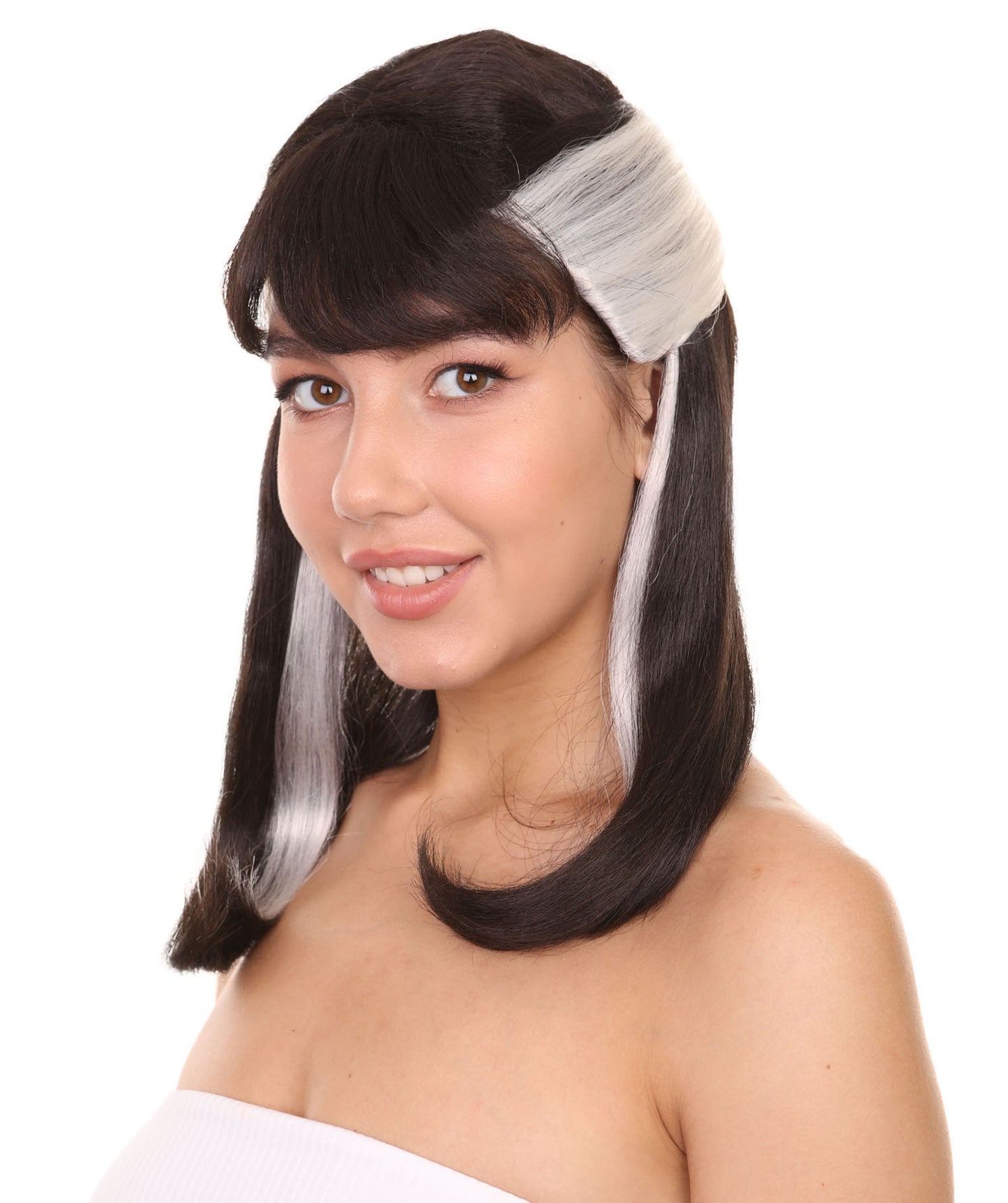 プレミアムハロウィンパーティーレディ H-5469 ミディアムレングス ブラックホワイト ウィザード ナルシッサウィッグ 黒と白