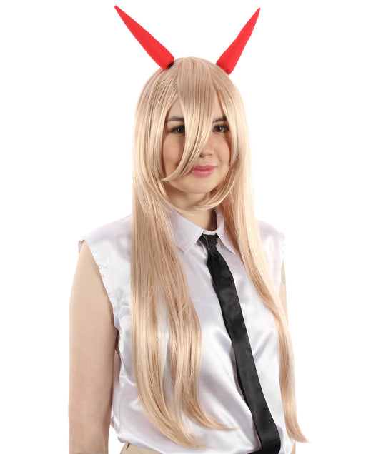 大人向け女性用 H-5812 チェーンソー マンガ アニメ デビル ガール ブロンド ウィッグ（角付き） ハロウィンおよびアニメテーマのグループパーティに最適 難燃性合成ファイバー