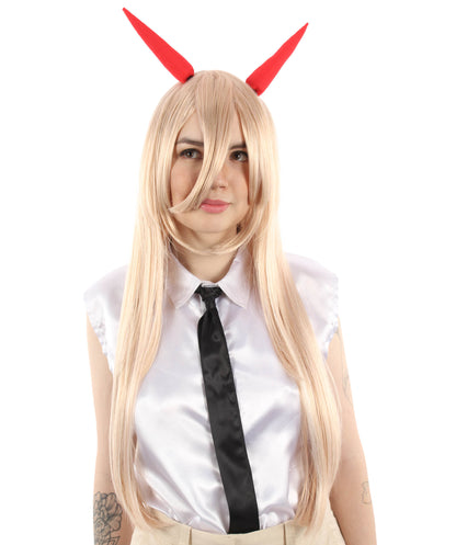 大人向け女性用 H-5812 チェーンソー マンガ アニメ デビル ガール ブロンド ウィッグ（角付き） ハロウィンおよびアニメテーマのグループパーティに最適 難燃性合成ファイバー