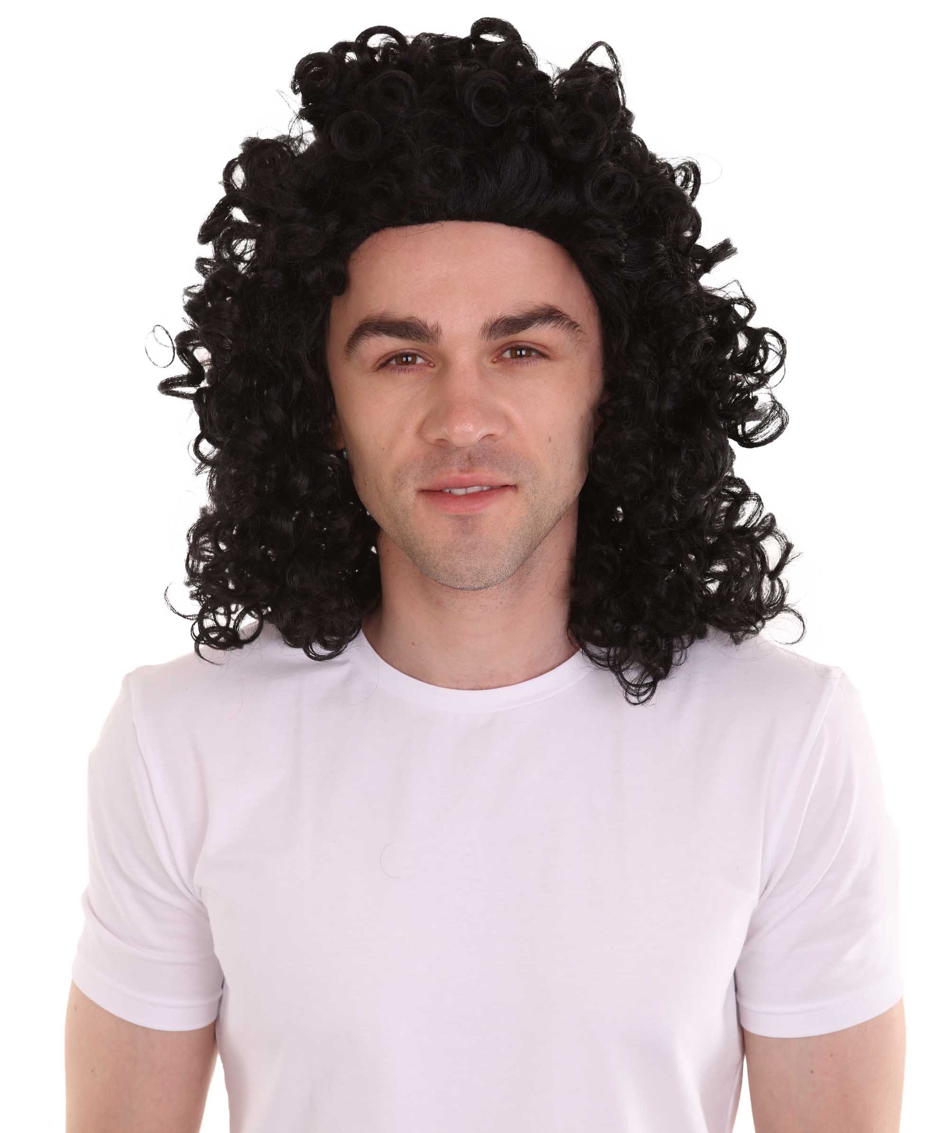 ハロウィンパーティ 男性用 H-4280 カーリーロックスターウィッグ 黒 プレミアム通気性キャップレスキャップ