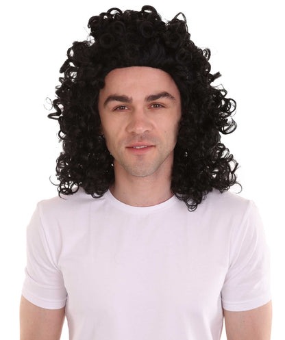 ハロウィンパーティ 男性用 H-4280 カーリーロックスターウィッグ 黒 プレミアム通気性キャップレスキャップ