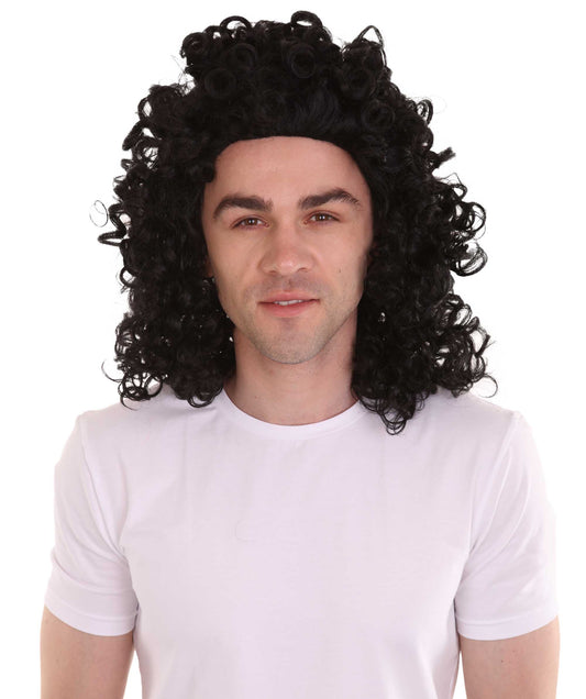 ハロウィンパーティ 男性用 H-4280 カーリーロックスターウィッグ 黒 プレミアム通気性キャップレスキャップ