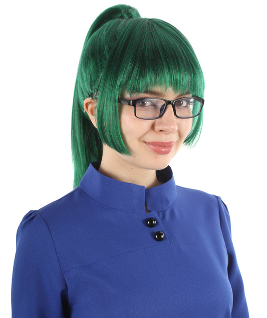 大人向け女性用 H-5810 アニメ ダークグリーン マキ ポニーテール ウィッグ ハロウィンに最適 難燃性合成ファイバー